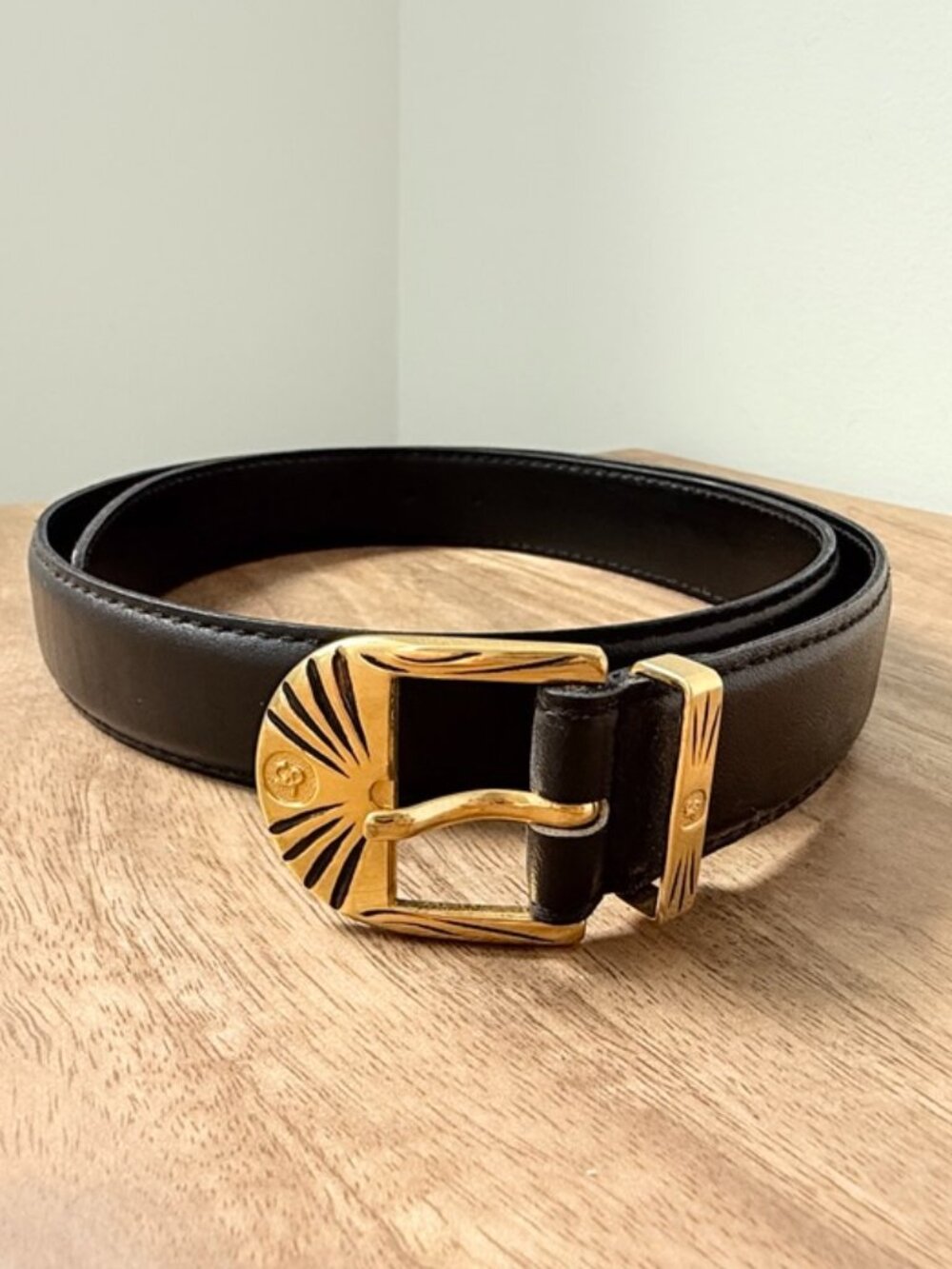 Vintage ST. SOPHIA Paris Black Leather Belt Ornate Gold Art Deco Fan Buckle